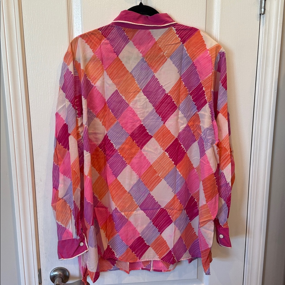 Bob Mackie Wearable Art Silk Blouse 2X Colorful Geometric Button Front NWOT - Picture 2 of 5